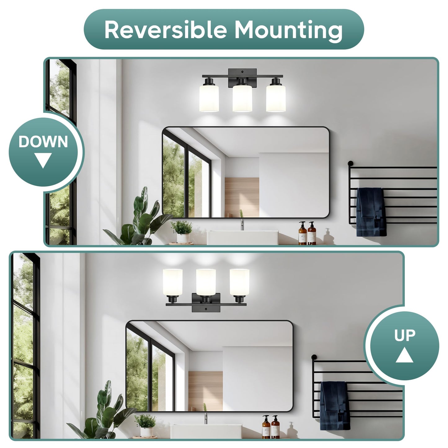 Ascher Bathroom Light Fixtures, 3-Light Vanity Light Over Mirror, Black Wall Sconces with Milky White Frosted Glass Shades, Wall Lamp for Living Room Bedroom, E26 Base(Bulbs Not Included)