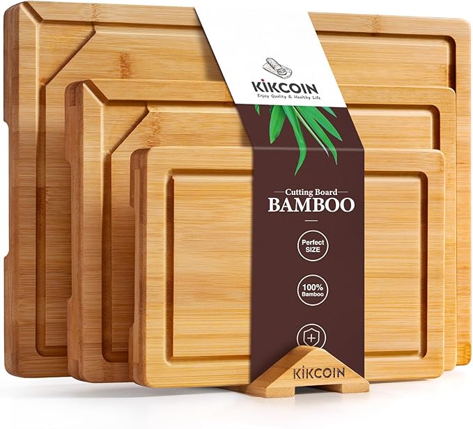 Kikcoin Bamboo Cutting Boards for Kitchen, 3 Piece Wood Cutting Board Set with Stand and Non-slip Feet, Knife Friendly Cho...