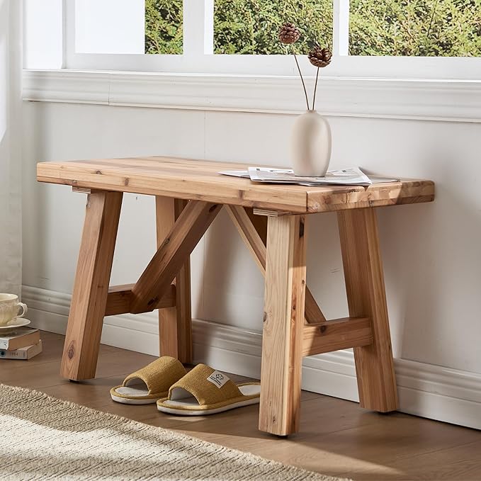 Janoray 30" Entryway Bench Farmhouse Narrow Dining Bench Shoe Rack Small Wooden Benches Holds up to 300lbs for Hallway Living Room Dining Room Bedroom，1 Tier, Natural