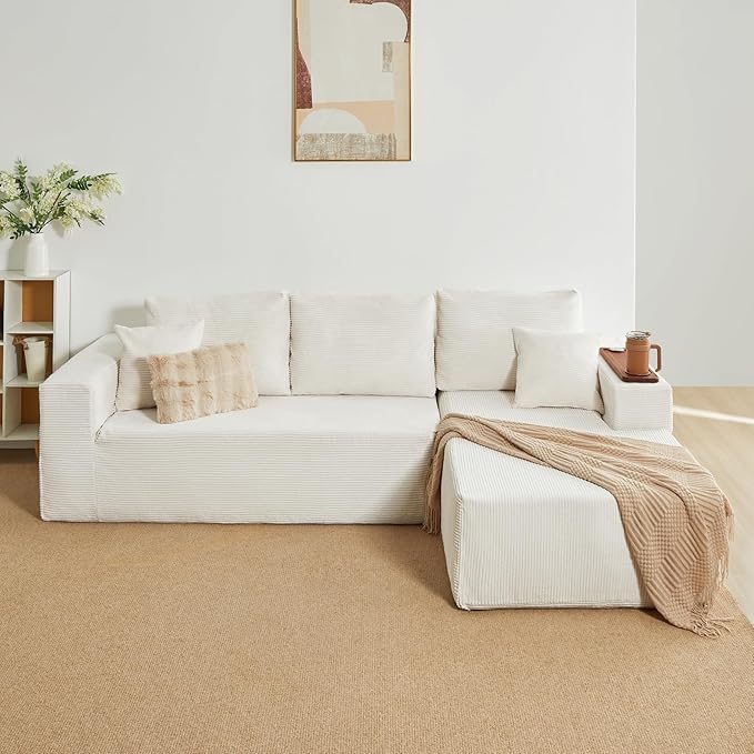 Modular Sectional Sofa Cloud Couch with Multi-Functional Armrests, Boneless Plush L-Shape Living Room Couch with Deep Seat, Fluffy Comfy Sleeper Sofa Easy Assembly (Beige, Left Chaise)
