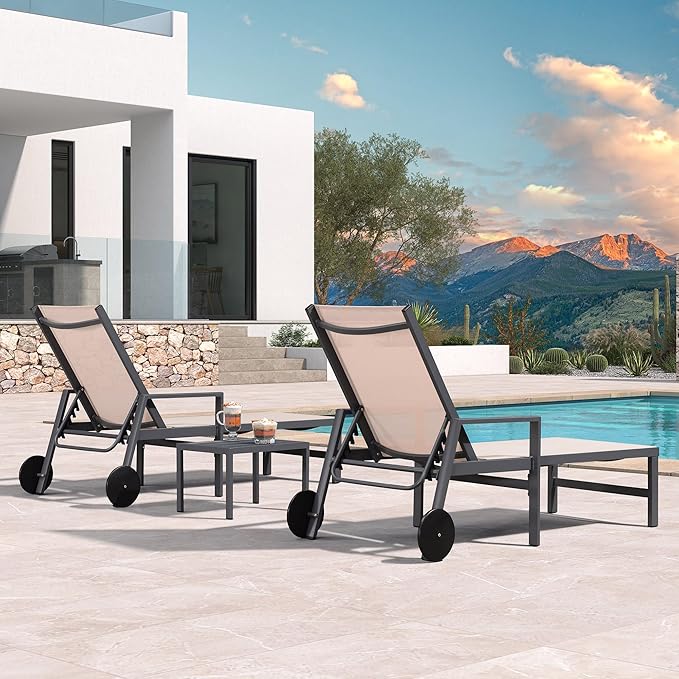 PURPLE LEAF Outdoor Chaise Lounge Set for 2 Aluminum Patio Chaise Lounger Chair with Armrest Adjustable Pool Chaise Lounge Chair for Beach Yard Poolside Table Included, Sand Beige