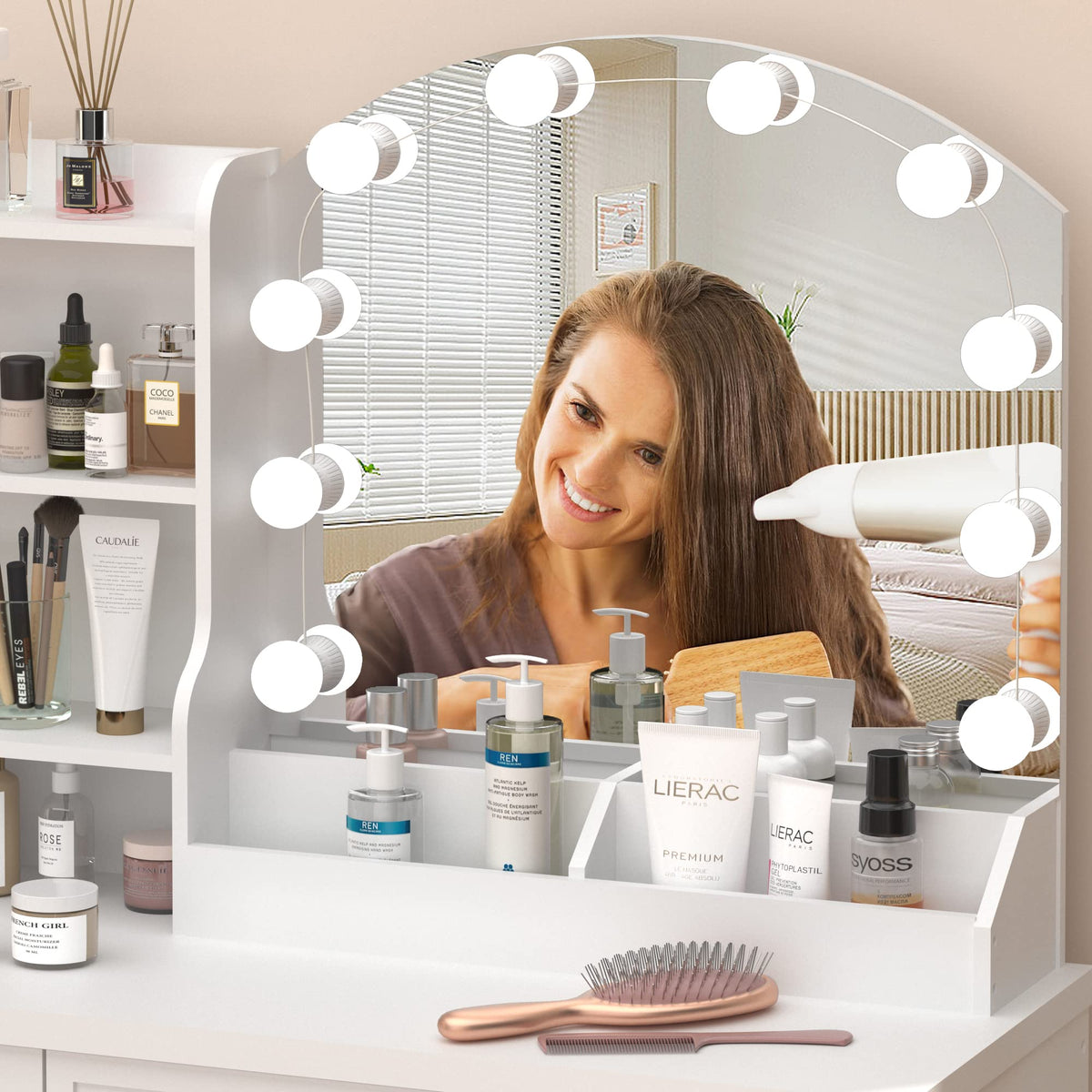Vabches Makeup Vanity Desk with Lights and 4 Drawers, White Vanity Set Makeup Table Lots Storage, 3 Lighting Colors, Large Size 39.4in(L)