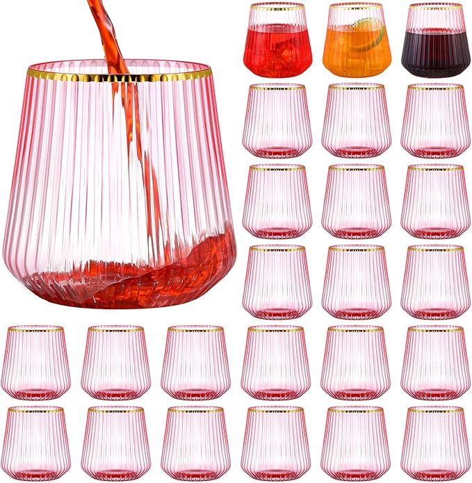 Singhoow 24 Pcs Valentine Pink Plastic Wine Glasses Ribbed Disposable Wine Glasses Unbreakable Stemless Champagne Whiskey ...