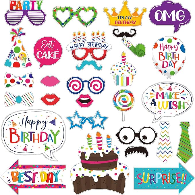 29 Pieces Birthday Photo Booth Props Kit Colorful Funny Kids Birthday Theme Table Centerpiece Craft Cutouts with Glue Poin...