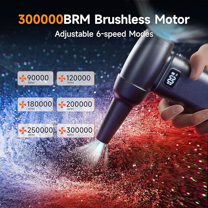 Compressed Air Duster，6 Gear Adjustable 300000RPM Cordless Electric Air Duster with LED Light and Screen,10000mAh Rechargeable Cordless Air Blower with Brushless Motor，Replaces Compressed Air Cans