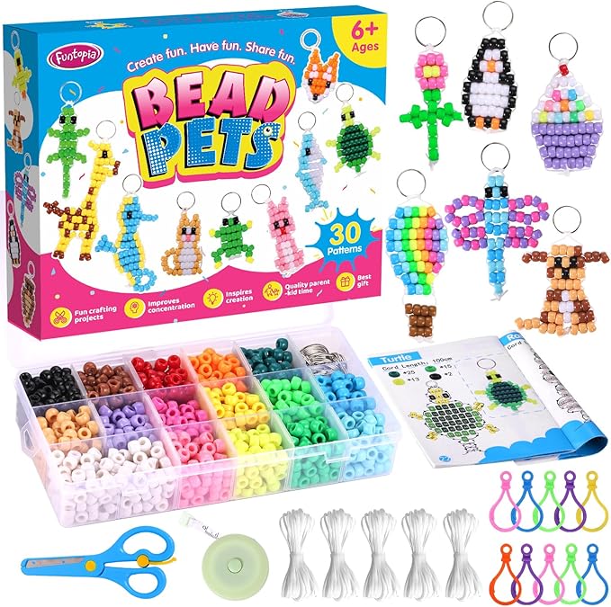 Funtopia Beads for Crafts, Pony Beads Keychain Making Kit, Bead Pets Art Crafts for Kids Beginners, Birthday Party DIY Cra...