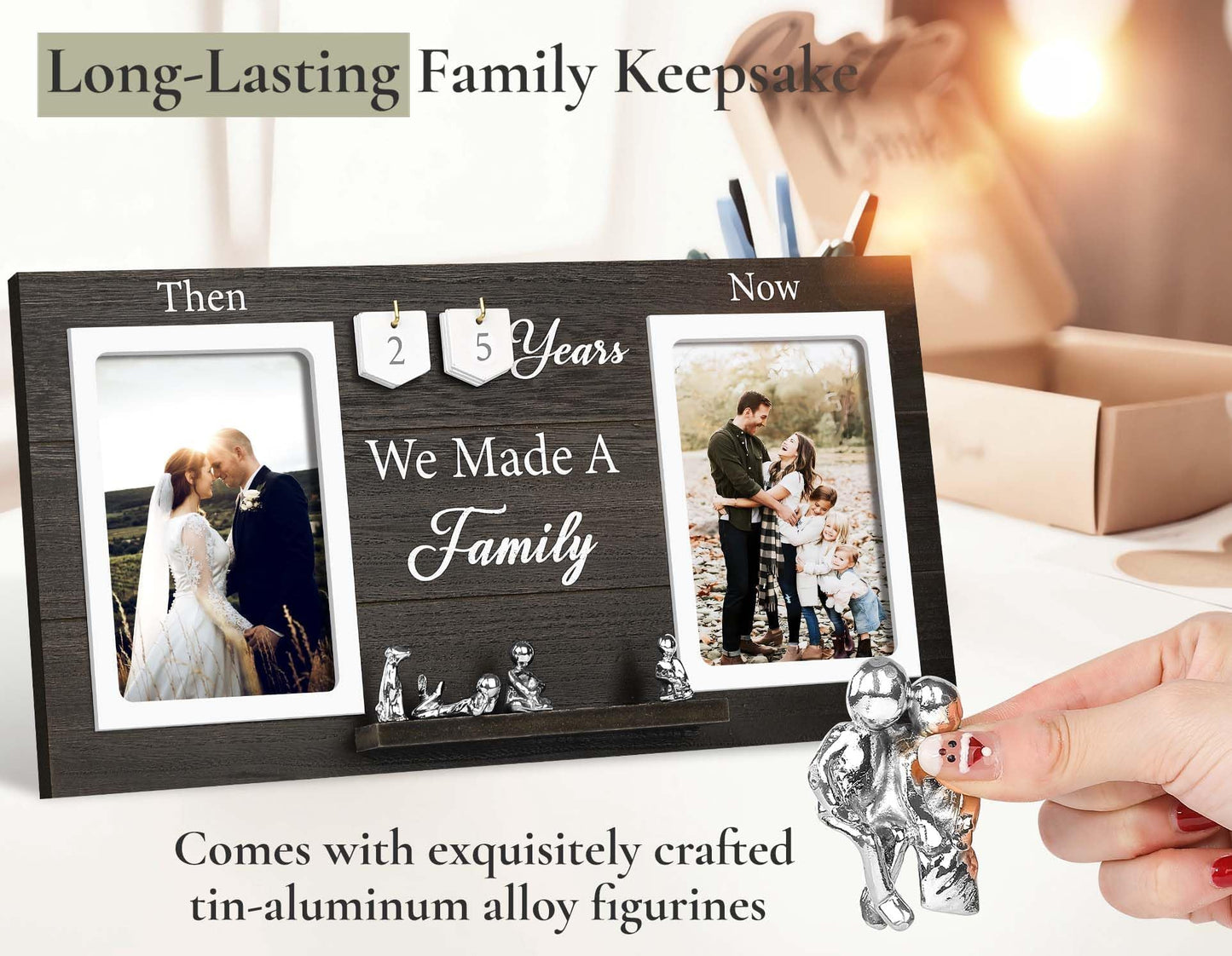 DREAMORIE Then & Now Anniversary Picture Frame with Tin Family Figurines – Rustic Wooden 10th Wedding Gift for Couples, Custom Number Tiles