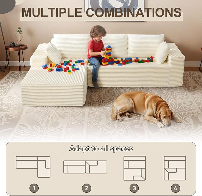 UMBFUN 110" Cloud Sectional Couch for Living Room, Boneless Couch with L-Shape Chaise, Modular Sectional Sofa with Deep Seat, Oversized Modular Sofa for Bedroom, No Assembly Required, Corduroy
