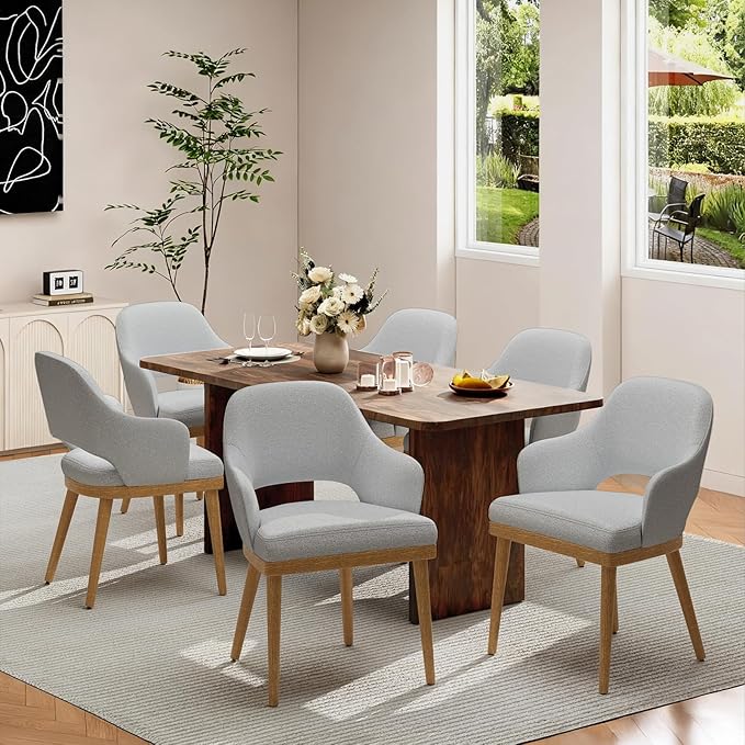 MALOL Wooden Dining Chairs Set of 6, Modern Fabric Upholstered Dining Room Chair, Kitchen Side Chairs, Farmhouse Dinner Chair with Open Back for Kitchen, Lightgrey