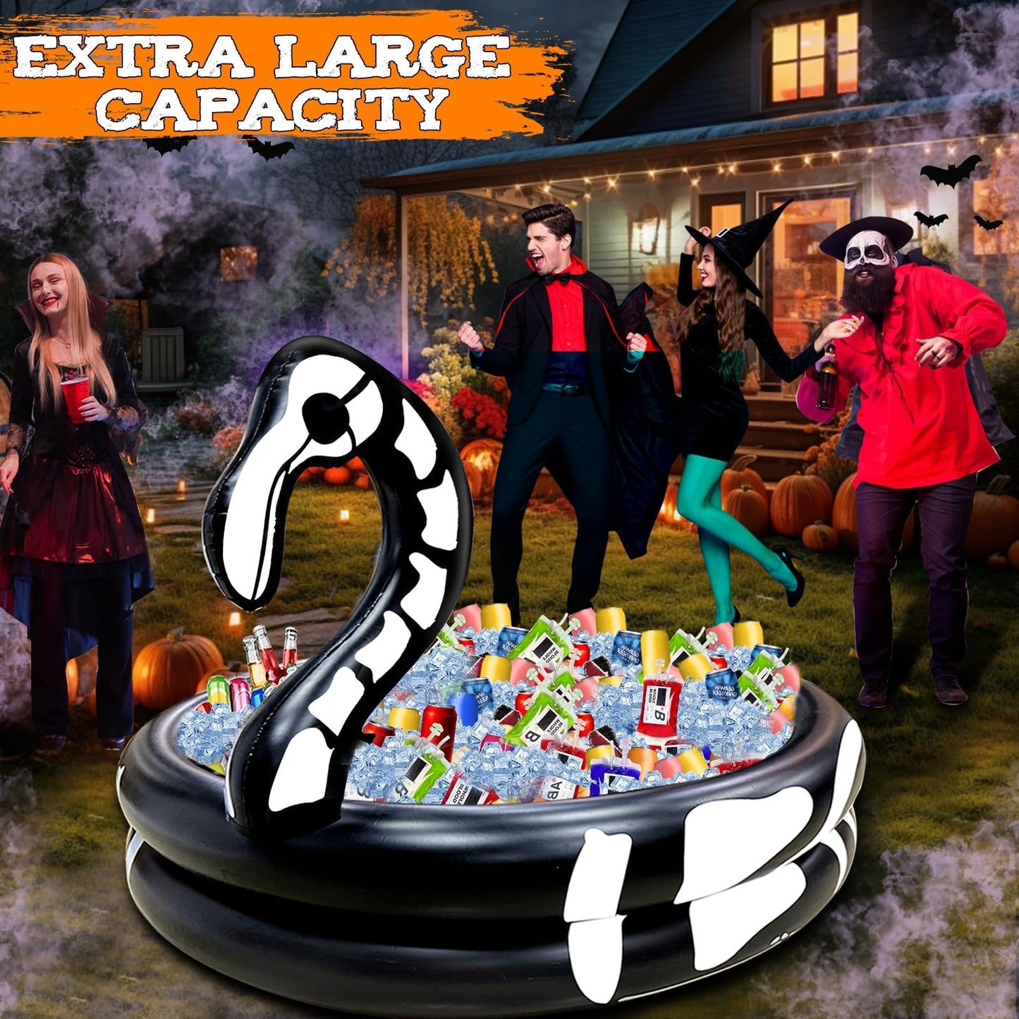 Halloween Inflatable Skeleton Flamingo Cooler, 120+ Cans Large Capacity Drink Cooler for Holiday Party Home Indoor Outdoor Halloween Decor