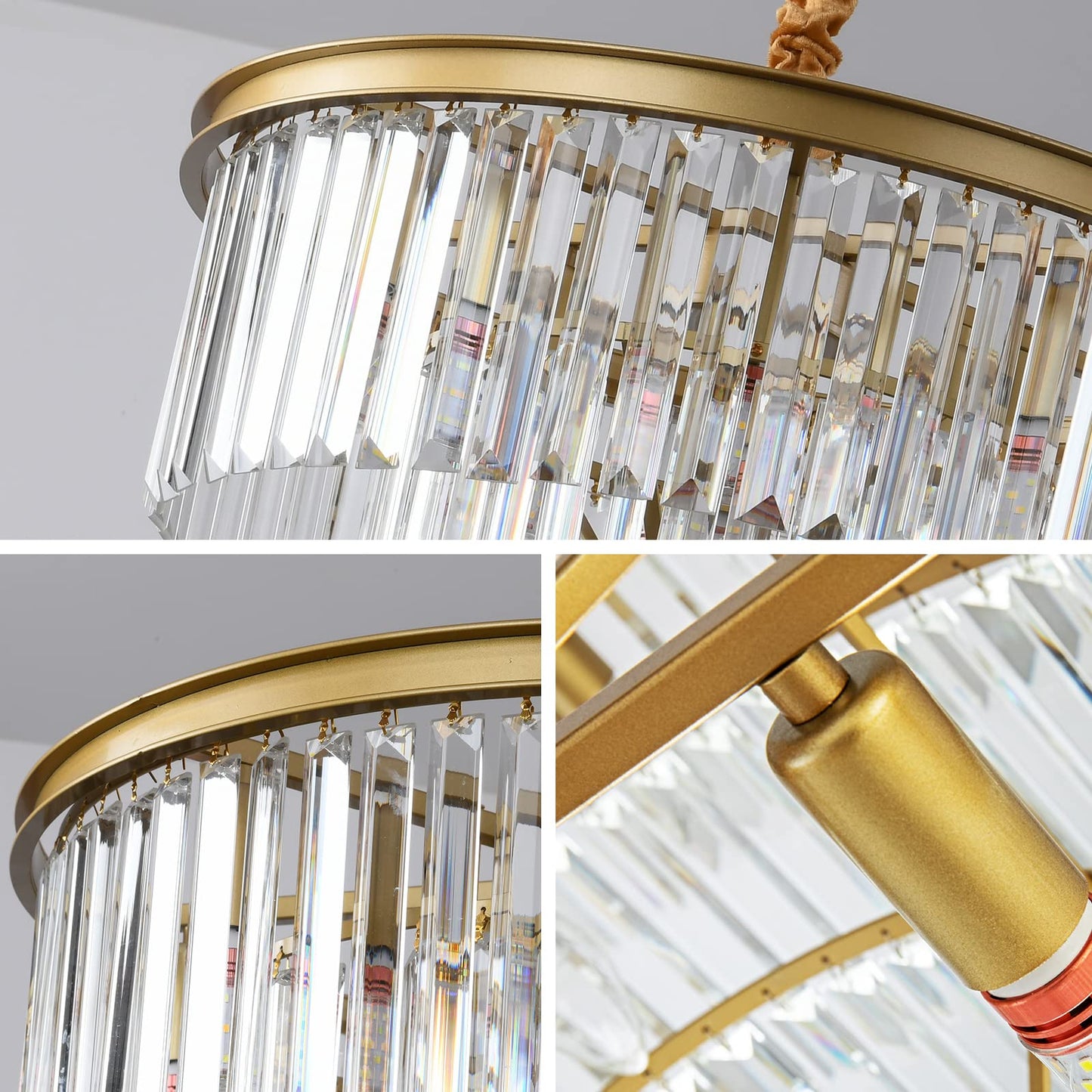 Laiuetai Gold Modern Crystal Chandelier, 3-Tier Round Flush Mount Ceiling Light Fixtures Height Adjustable Pendant Lighting for Dining Room Living Room Bedroom Kitchen Hotel Foyer