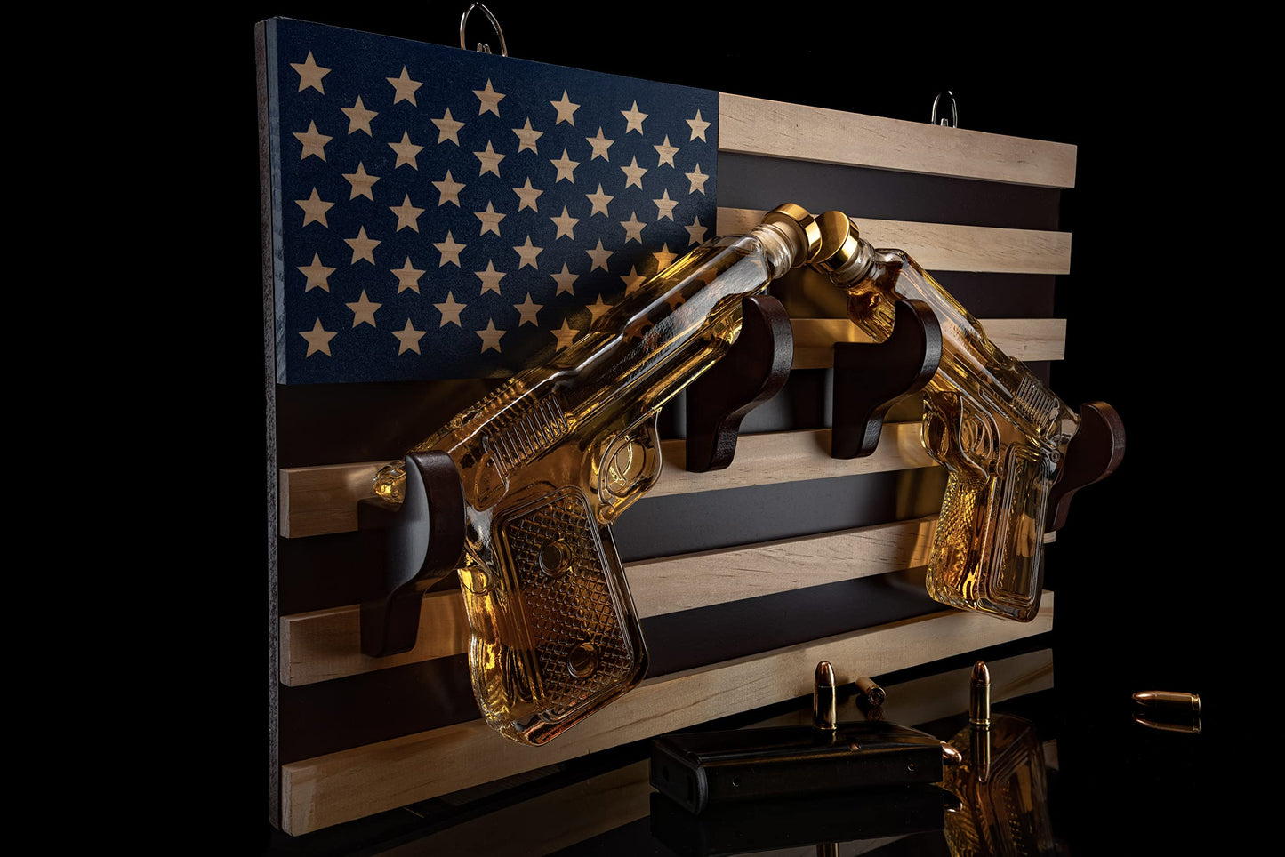 Pistol Whiskey Decanter Set of 2 300ml On American Flag Wall Rack by The Wine Savant - Tik Tok Gun Decanter, Veteran & Military Gifts, Home Bar & Law Enforcement Gifts