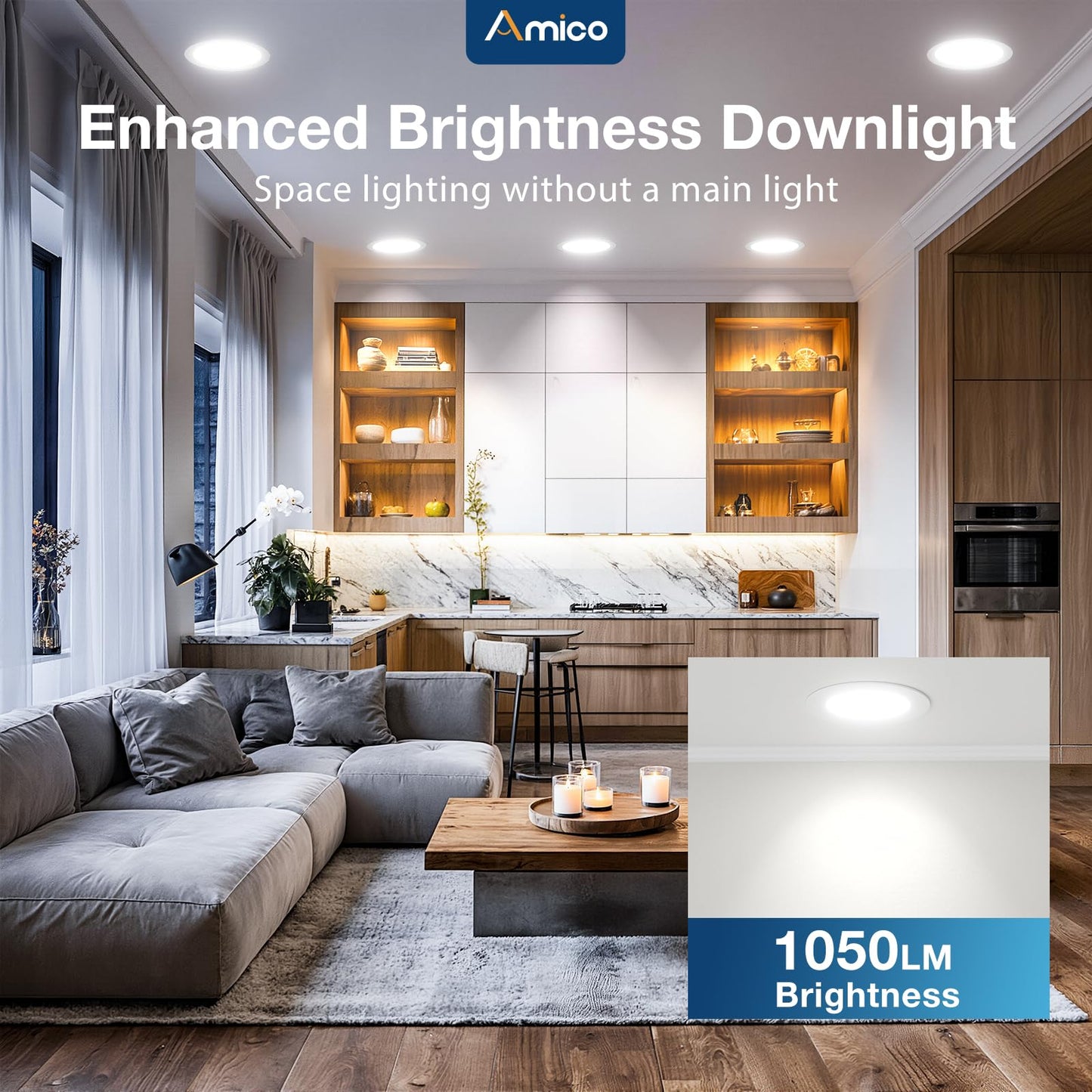Amico 24 Pack 6 Inch 5CCT Ultra-Thin LED Recessed Ceiling Light with Junction Box, 2700K/3000K/3500K/4000K/5000K Selectable, 1050 Lumens, Dimmable Canless Wafer Downlight, 12W Eqv 110W-ETL&FCC