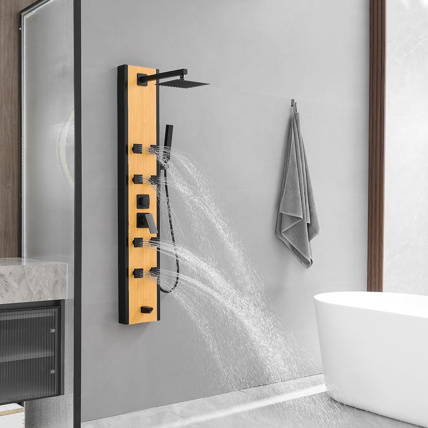 BWE Stainless Steel Shower Panel Tower System 8 Jets Multi-Function Shower Panel System Black and Bamboo Panel with Handheld Wand Wall Mount Shower Column