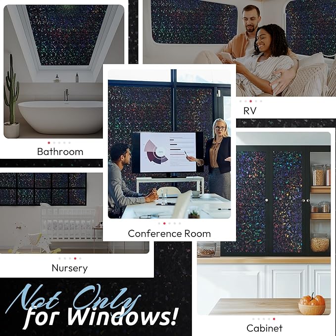 rabbitgoo Blackout Rainbow Window Privacy Film Decorative Stained Glass Diamond Pattern Window Sticker with Iridescent Tint Non-Adhesive Static Cling for Home Office Bathroom, 17.5 x 157.4 inch, Black