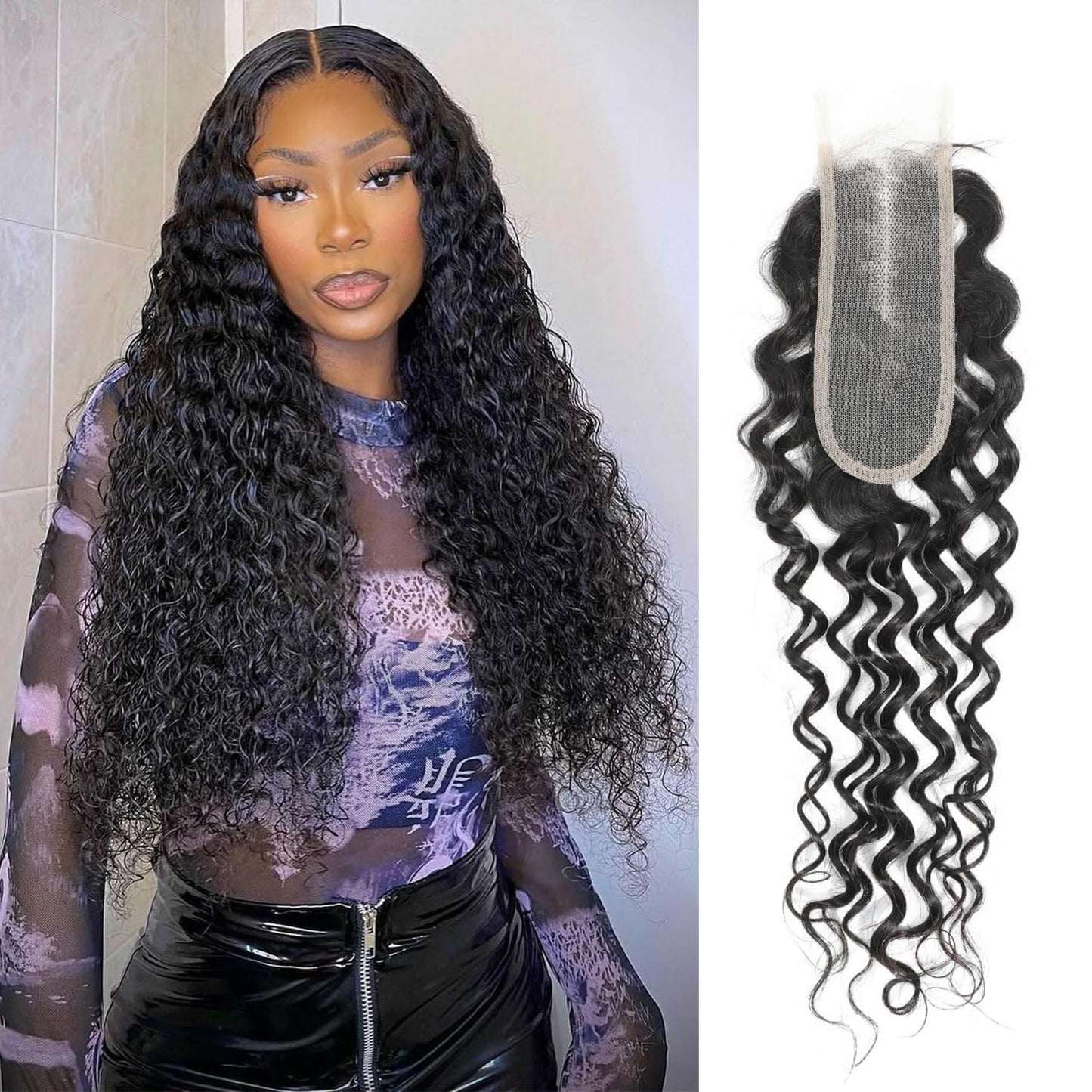DSEKCAIN 2x6 HD Lace Closure Water Wave Human Hair Transparent Water Wave Lace Closure 2x6 Long Middle Part 100% Raw Virgin Huma