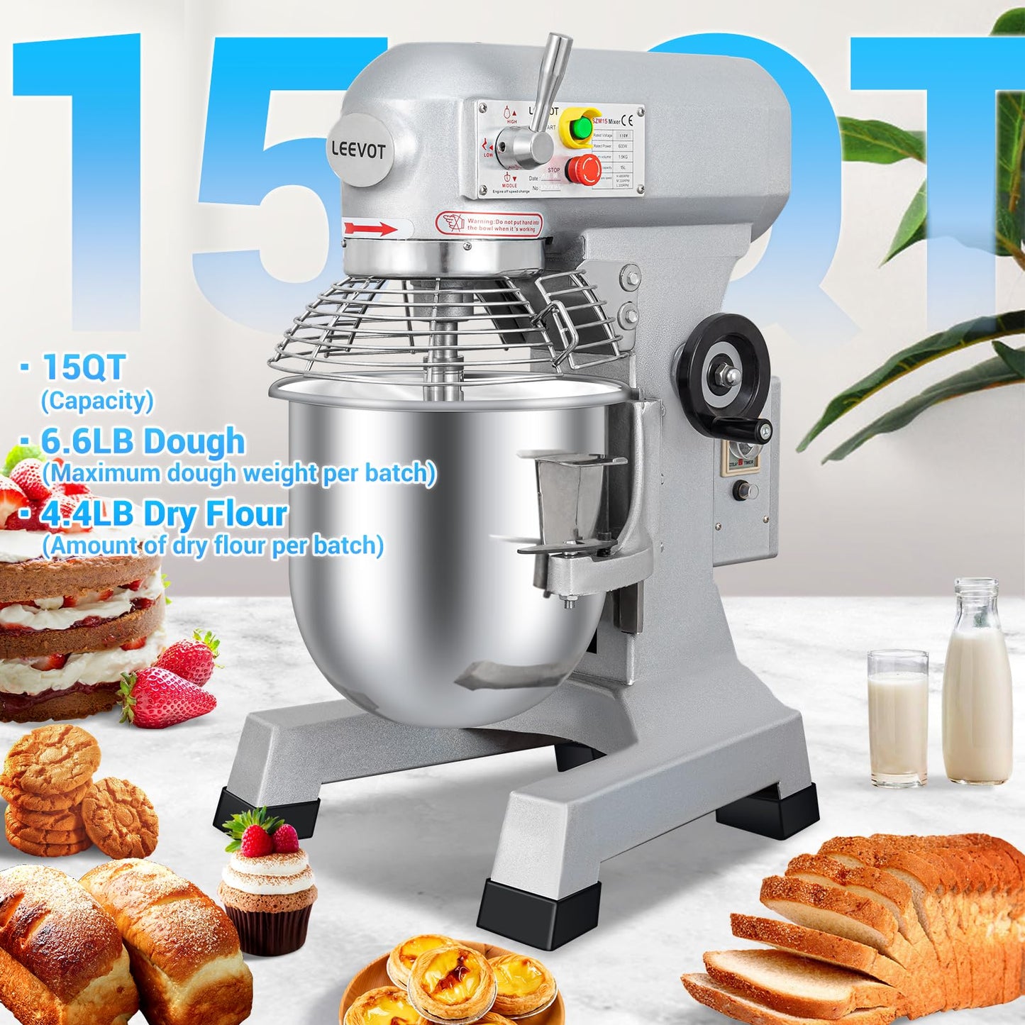 LEEVOT Commercial Food Mixer 15 Qt with 3-Speed Adjustment, 600W Commercial Mixer with Timer, Heavy Duty. Commercial Dough Mixer with Stainless Steel Bowl, Suitable for Bakeries and Pizzerias