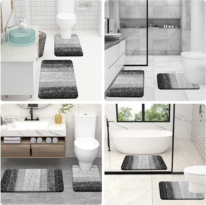 OLANLY Luxury Toilet Rugs U-Shaped 24x20, Extra Soft and Absorbent Microfiber Bathroom Rugs, Non-Slip Plush Shaggy Bath Mat, Machine Wash Dry, Contour Bathroom Mats for Toilet Base, Black