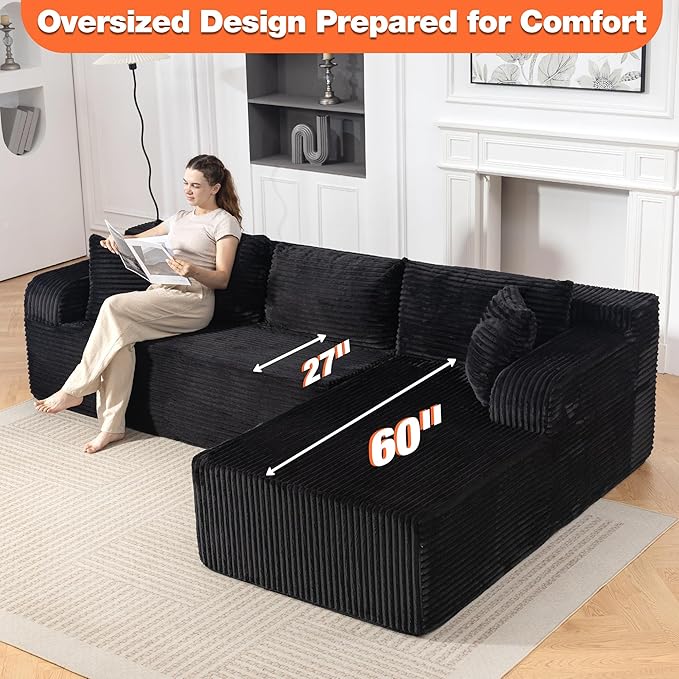 TonghuaS 106” Cloud Modular Sectional Sofa with L-Shape Chaise and Deep Seat, Corduroy Memory Foam Boneless Compressed Couch for Living Room, No Assembly Required(Left Facing Chaise, Black)