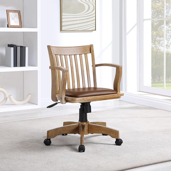 OSP Home Furnishings Deluxe Wood Banker's Desk Chair with Padded Seat, Adjustable Height and Locking Tilt, Fruitwood Finish and Brown Vinyl