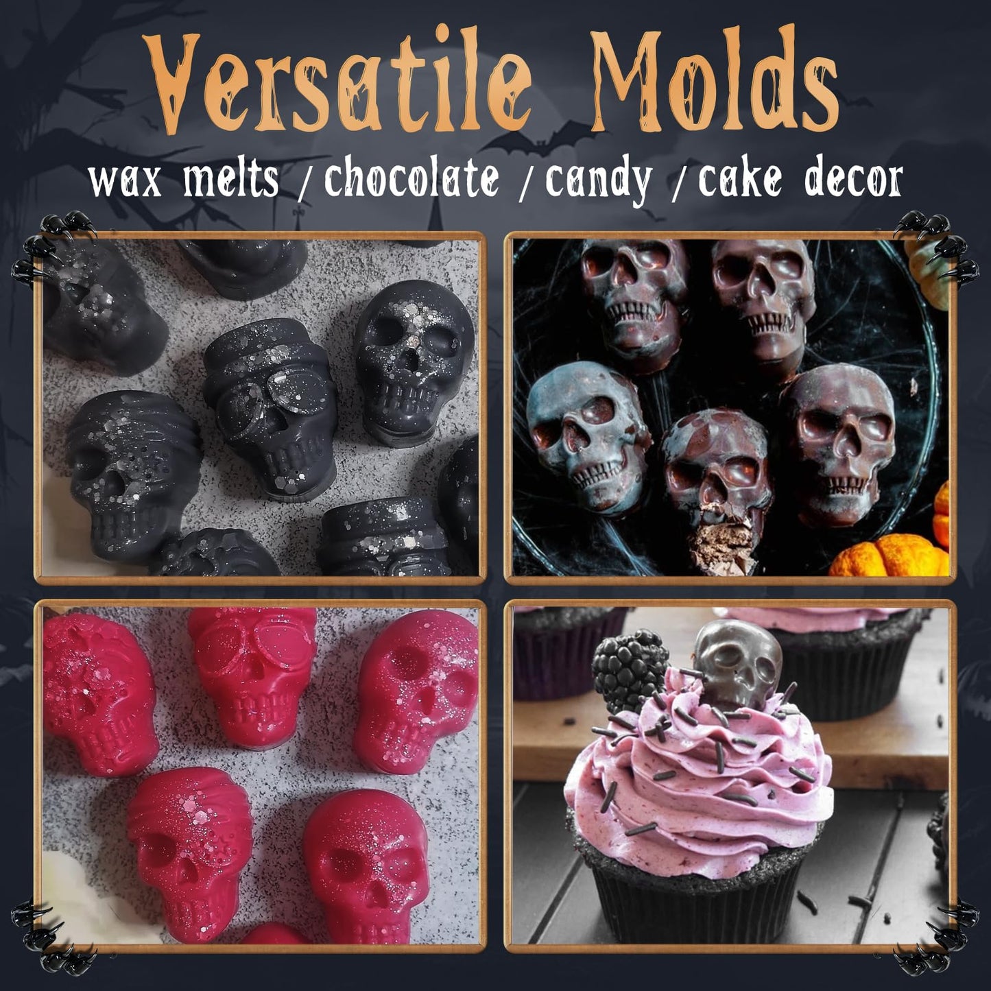 Skull Silicone Molds Halloween 2 Pack 10 Cavity for Chocolate Candy, Freezing Yogurt Wax Melts 3D Tray 5 Head Shapes Food Grade Baking Mould Oven Safe Treat or Trick Kids Homemade DIY Party