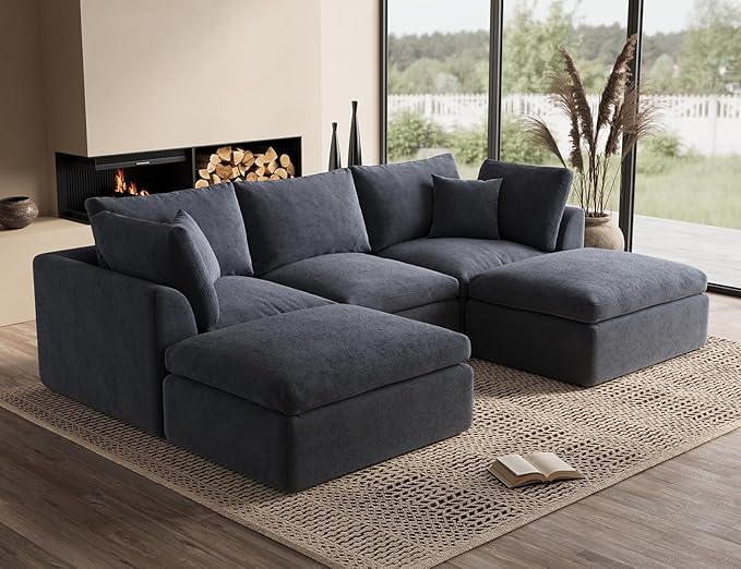 ohllob 110" Cloud Sectional Couches for Living Room, Boneless U Shaped Couch with Ottoman, 3 Seater Modular Sectional Sofa, Dark Grey
