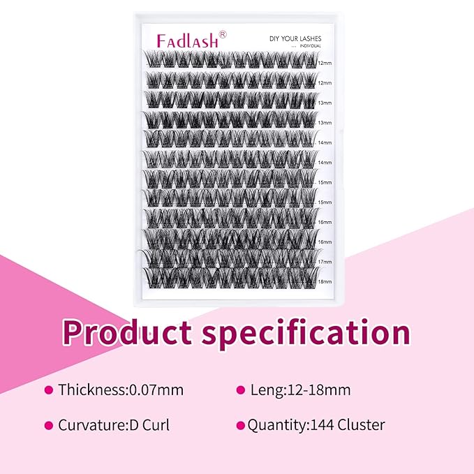 Individual Lashes 144pcs D Curl Lash Clusters Mixed Length Individual Lash Extensions Cluster Lashes DIY Lash Extension Supplies Eyelash Clusters (F5-0.07D, 12-18mm)