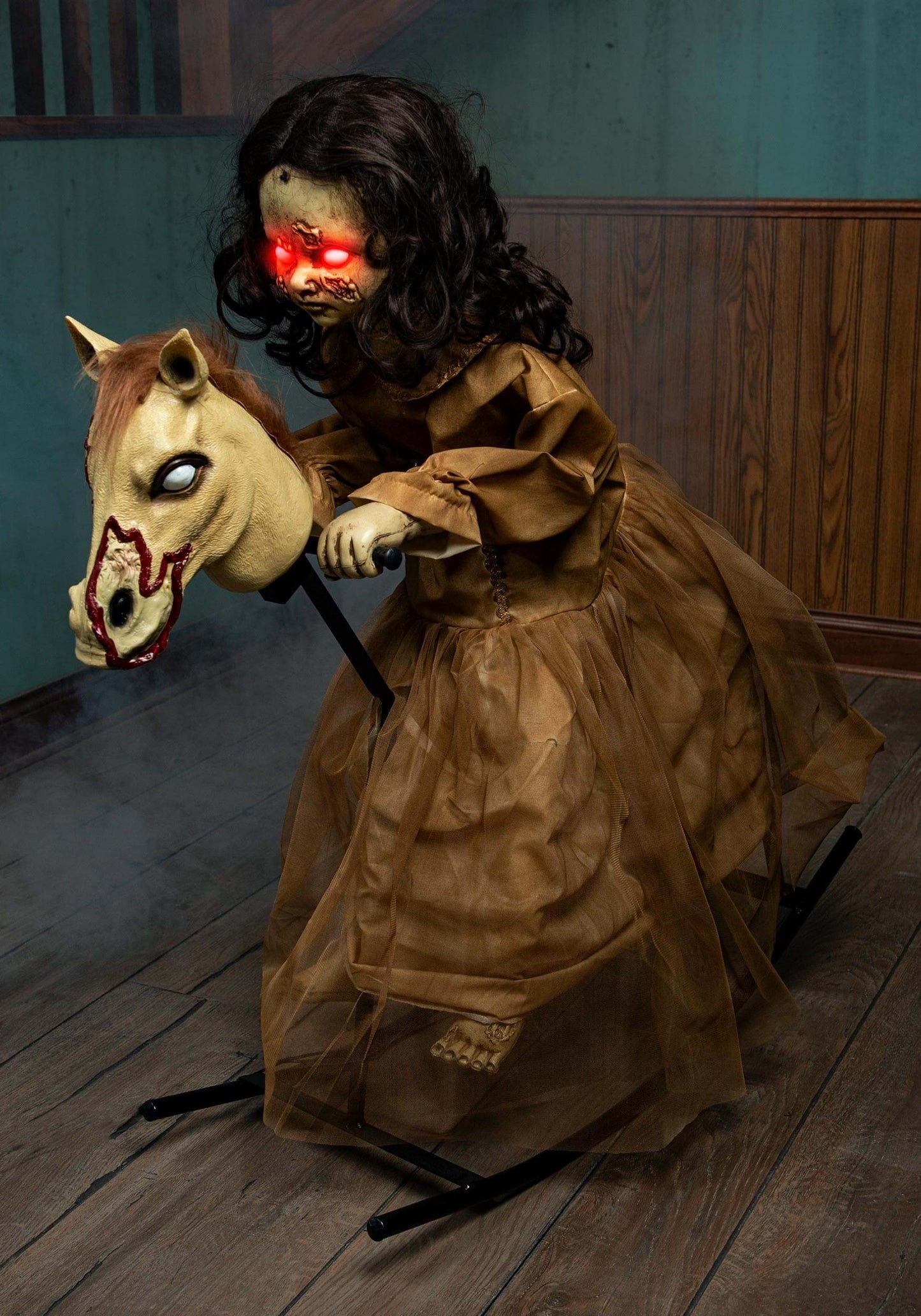 Fun Costumes 3.5 Ft Haunted Doll-Horse Animatronic, Creepy Dolls Halloween Decorations, Ancient Looking Rocking Horse, Red Glowing Eyes Halloween Decoration Standard