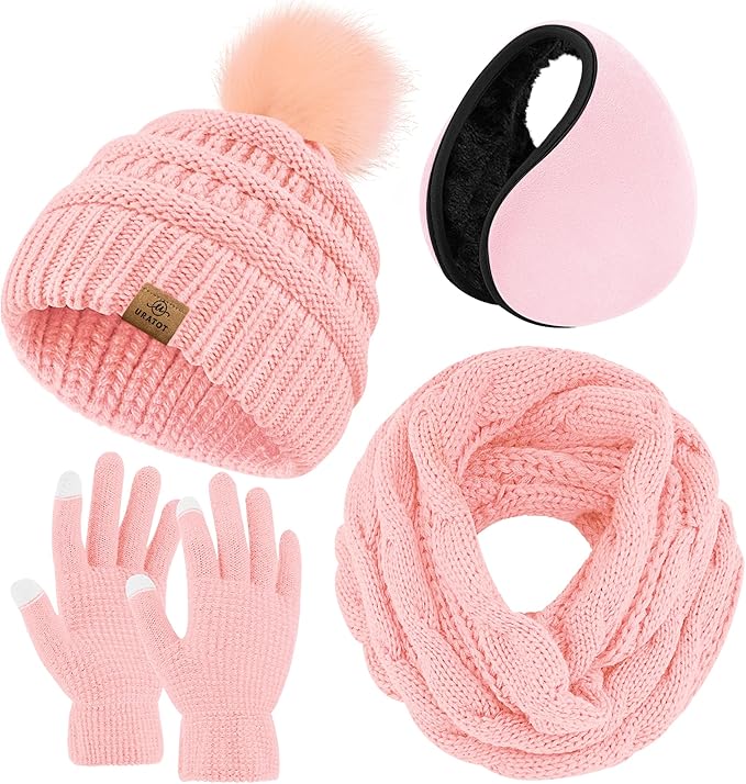URATOT 4-In-1 Winter Warm Sets Knitted Scarf Touch Screen Gloves Beanie Pompom Hat and Winter Ear Warmer for Men or Women