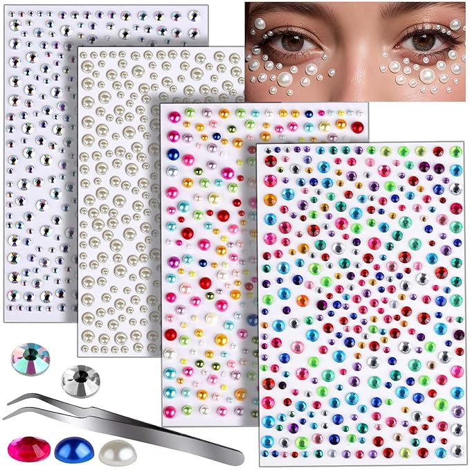 Teenitor Face Gems Hair Pearls Rhinestones for Makeup Festival Face Jewels Hair Jewels, 1300PCS Self-Adhesive Rhinestones and Gems for Face, Hair, Body, Eye