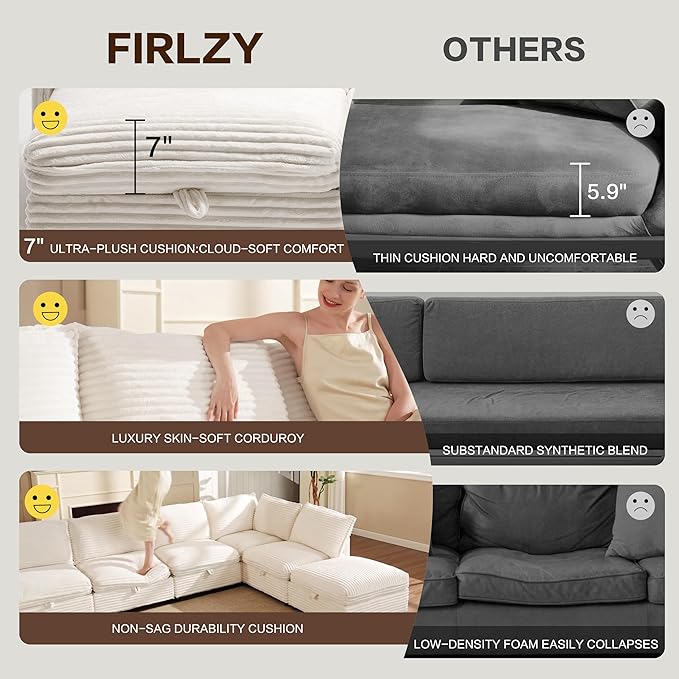 FIRLZY Oversized Modular 8 Seater Sofa with Removable Covers and Storage, Convertible U, L-Shaped and Sleeper Sectional, Modern Corduroy Couches with Ottoman Chaise for Living Room, White