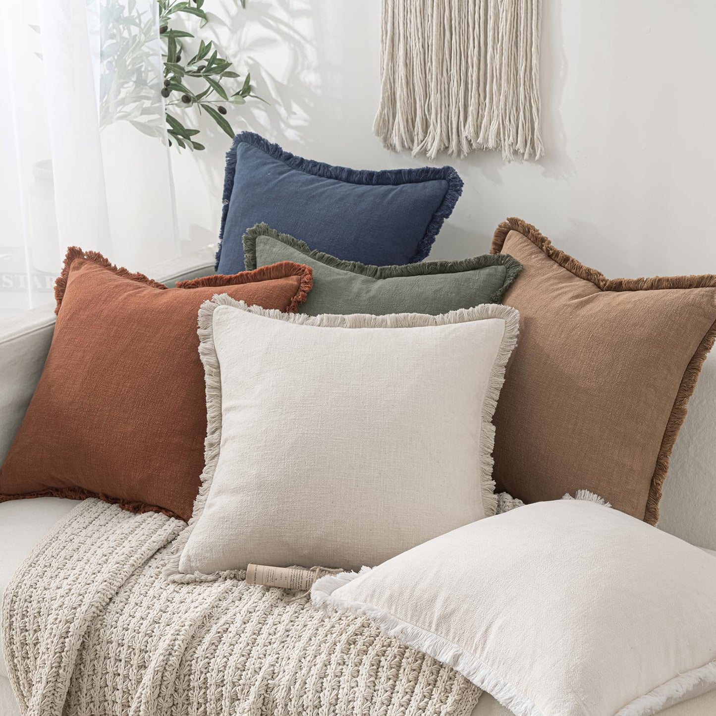 MIULEE Decorative Throw Pillow Covers Neutral Linen Fringe Throw Pillows Set of 2 Natural Beige Boho Farmhouse Cushion Covers with Tassels for Couch Sofa Bed Living Room Spring Home Decor 20x20 Inch
