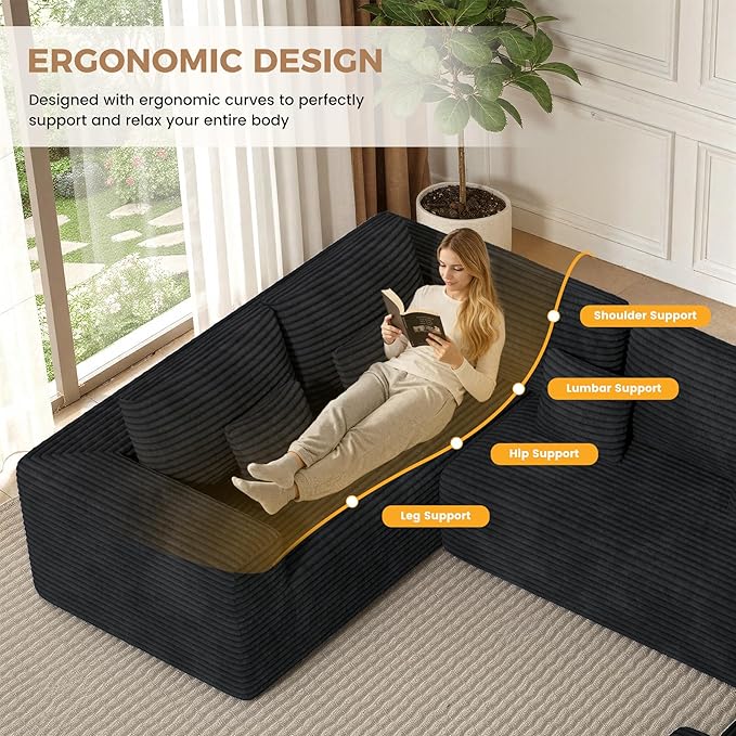 136'' Large Sectional Cloud Couches with Chaise, U Shaped Boneless Loveseat Sofa, No Assembly Required Deep Seat Modular Lounge for Living Room 3PCS Set, Bedroom(Black)