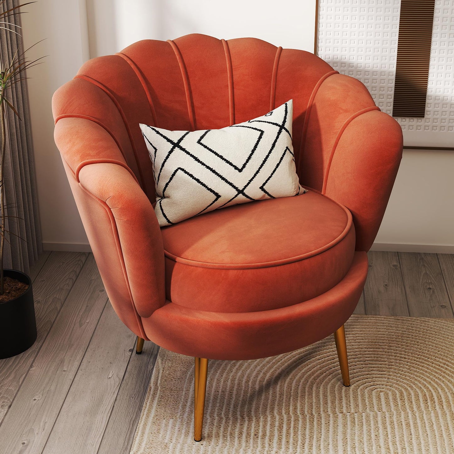 DAGONHIL Mid Century Modern Upholstered Accent Chair,Petal Vanity Chair,Retro Leisure Velvet Single Sofa with Golden Metal Legs for Living Room/Bedroom/Makeup Room, Rose Pink