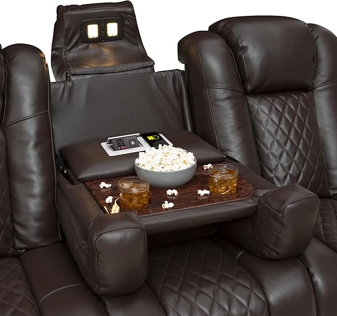 Seatcraft Anthem Italian Leather Sofa w/Fold-Down Table & Loveseat w/Storage Console, Living Room, Power Headrest, Power Recline, Brown