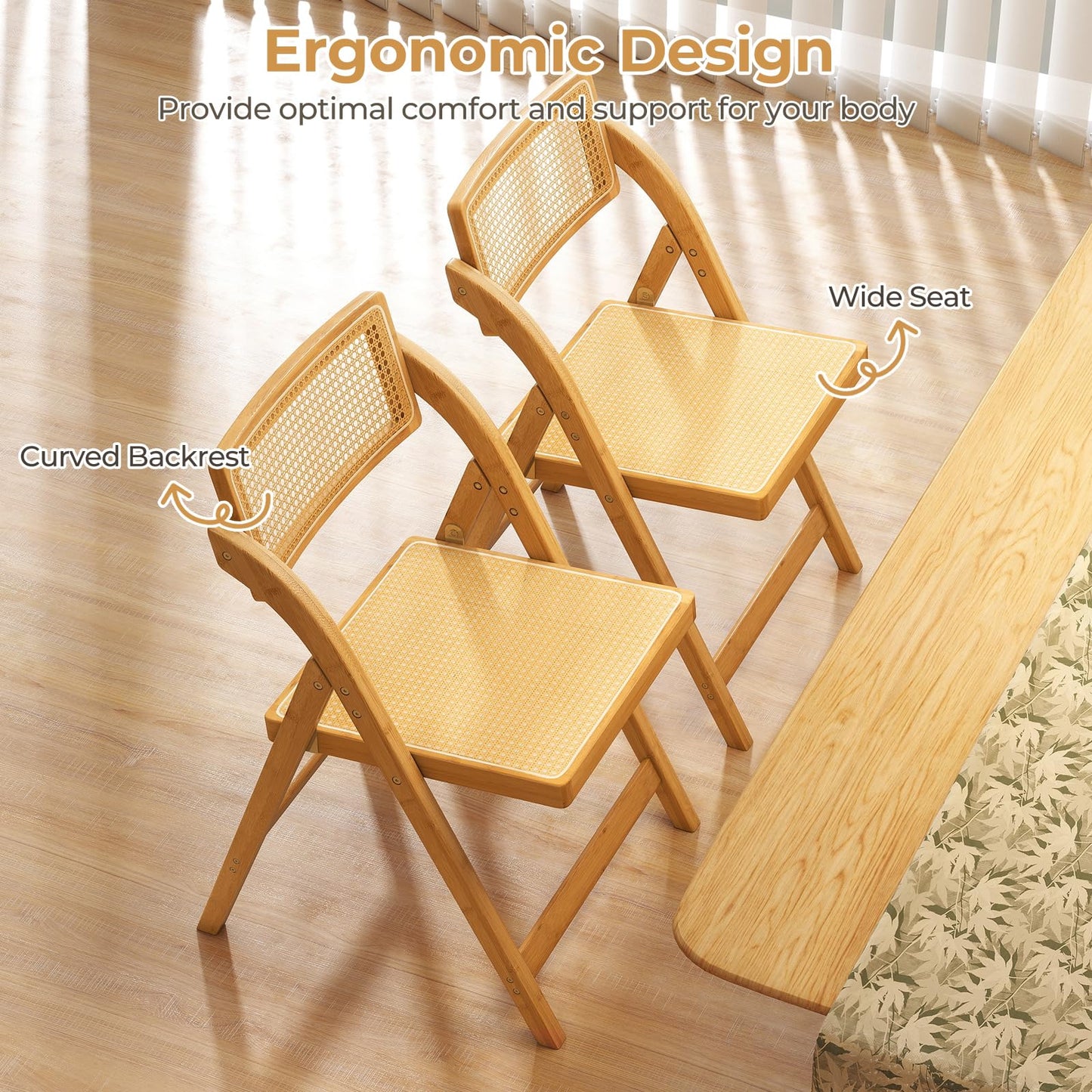 Giantex Rattan Folding Chairs Set of 2, Bamboo Dining Chairs with Rotatable Backrests, Max Load 330 lbs, Boho Kitchen Side Chair for Living Room, Restaurant, No Assembly, Natural