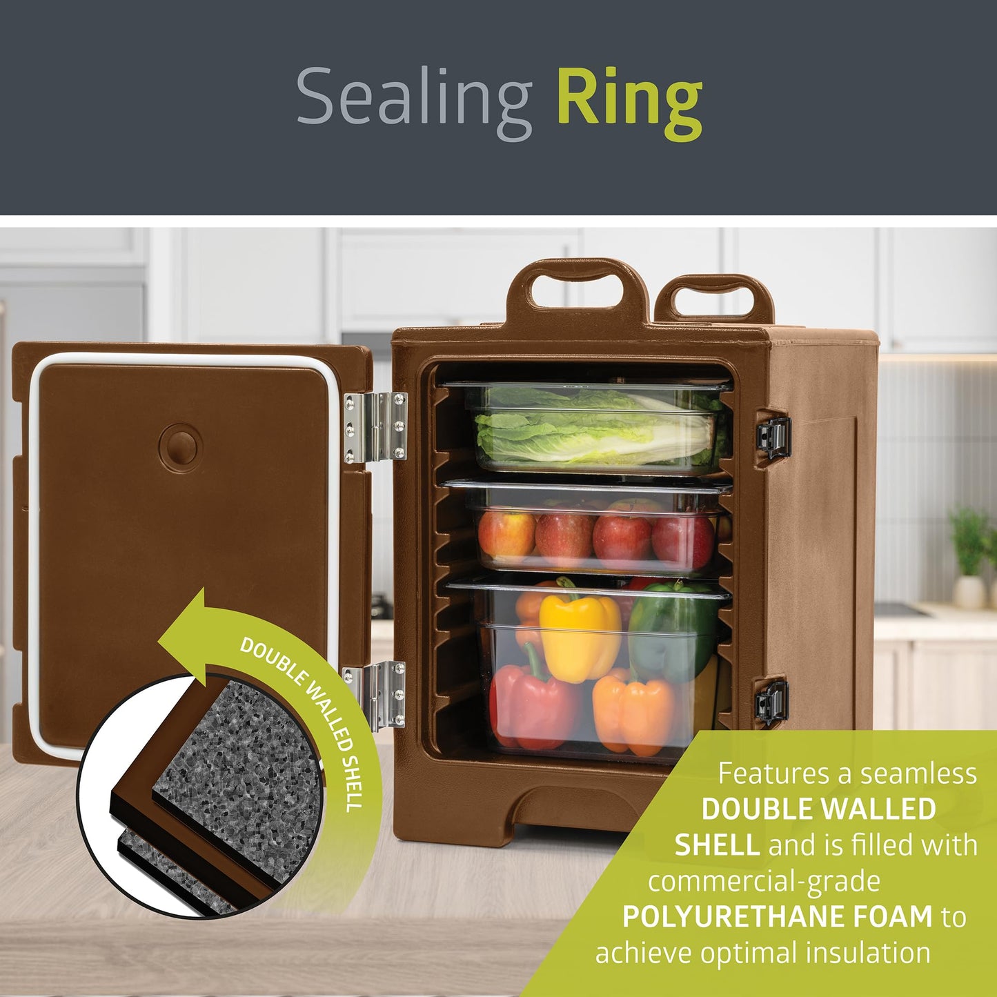 Pearington Premium Insulated Food Pan Carrier, 81 Quart, Double Walled with Dual Front Latches, Fits 5 Full Size Pans, Brown