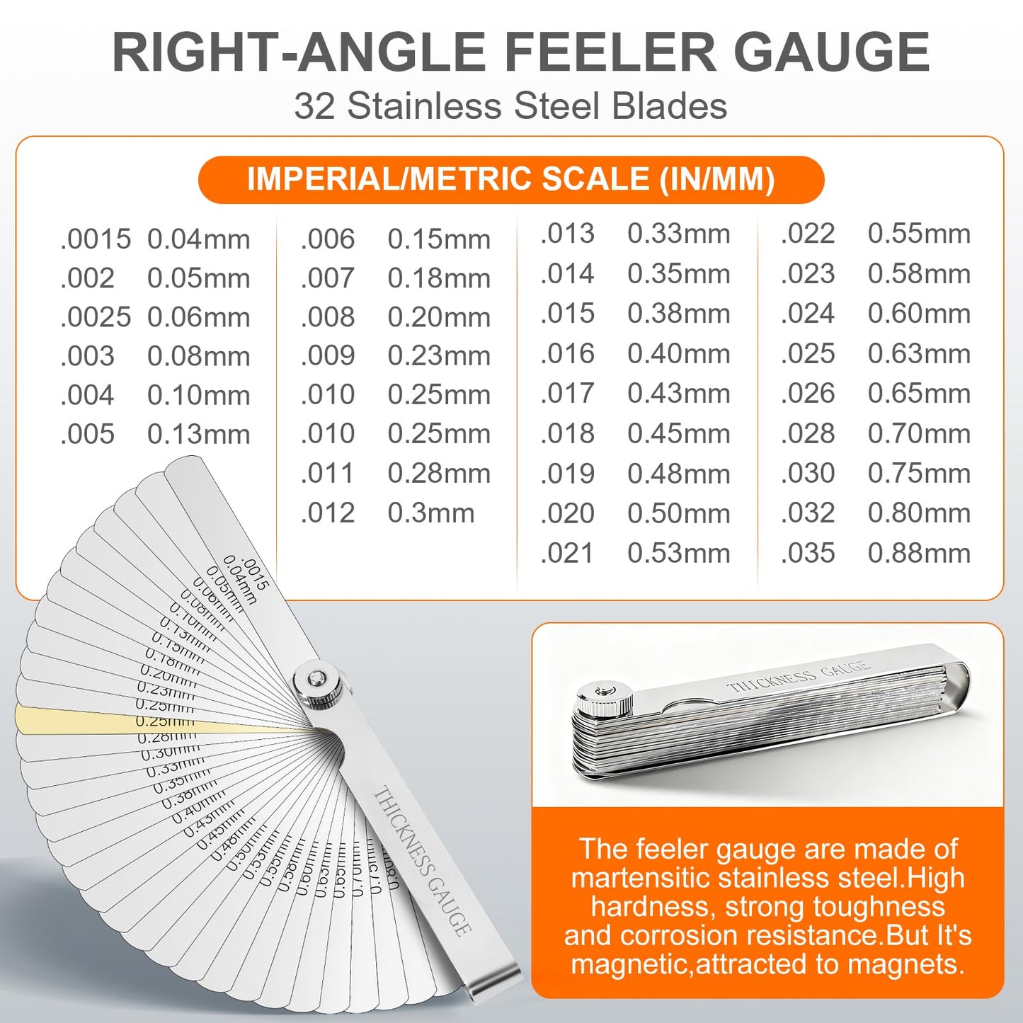 Tokyzexi 2Pcs Stainless Steel Feeler Gauge Set,32 Straight Blades Feeler Gauge&16 Pieces Angled Feeler Gauge Set, Measure Gap and Thickness for Guitar, Spark Plug, Valves Piston Measure Filler Gauge