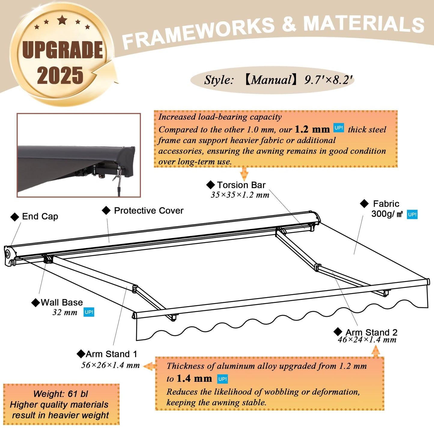 Retractable Awnings for Patio Manual Sun Shade Awning Cover| Waterproof UV Resistant Coating | Double Stranded Steel Installation Bracket (Dark Gray+ Protective Case, 10‘×8’)