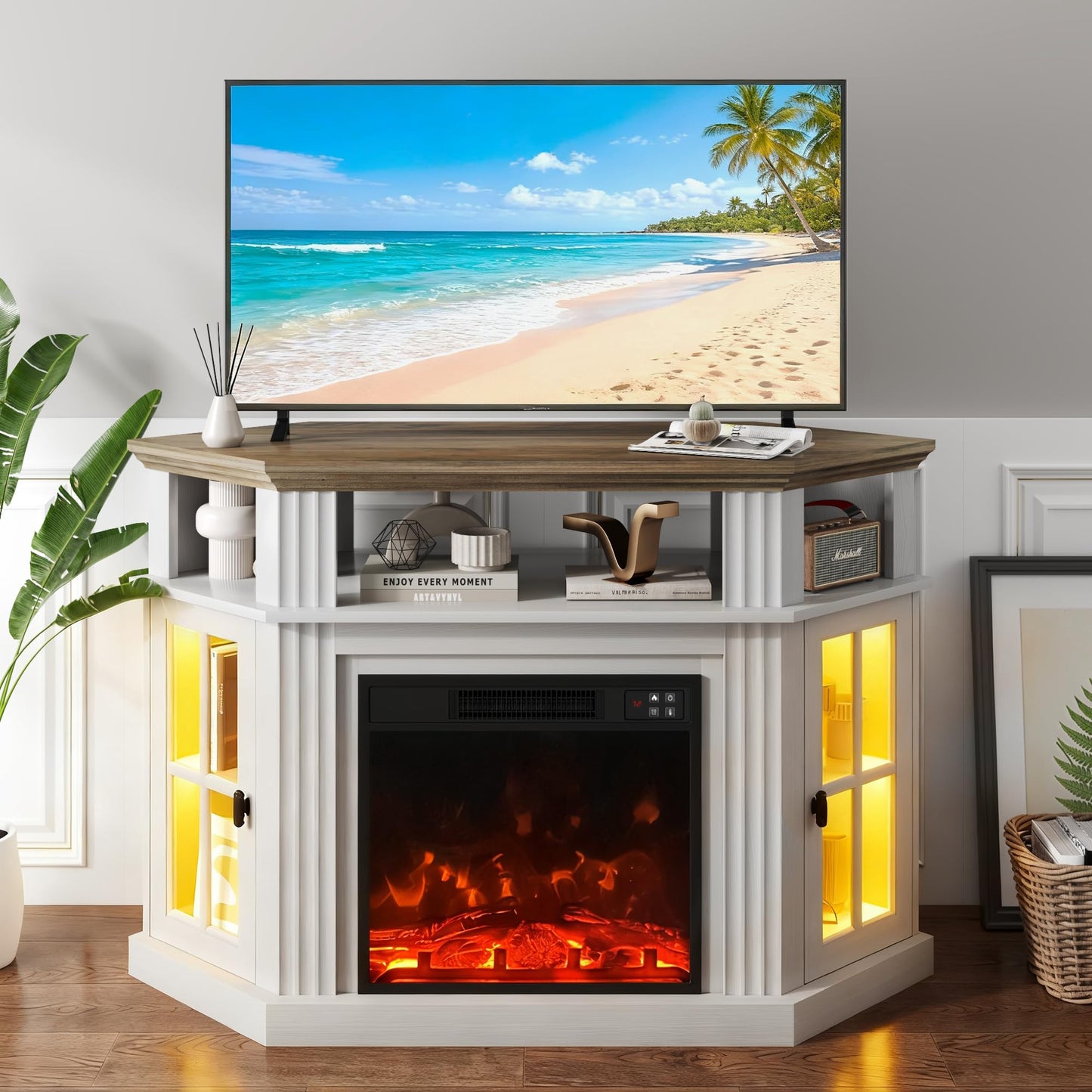 YESHOMY LED Corner Fireplace TV Stand with Mood Lighting, for TVs up to 55" with Storage Cabinets, Entertainment Center, Media Console for Living Room, Bedroom, White＆Rustic
