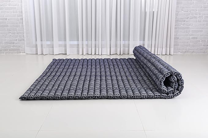 Leewadee - Foldable Floor Mattress - Japanese Roll Up Futon -Trifold Tatami Mat- Guest Floor Bed - Camping Mattress - Thai Massage Mat, Kapok Filled, 75 x 57 inches, Blue White