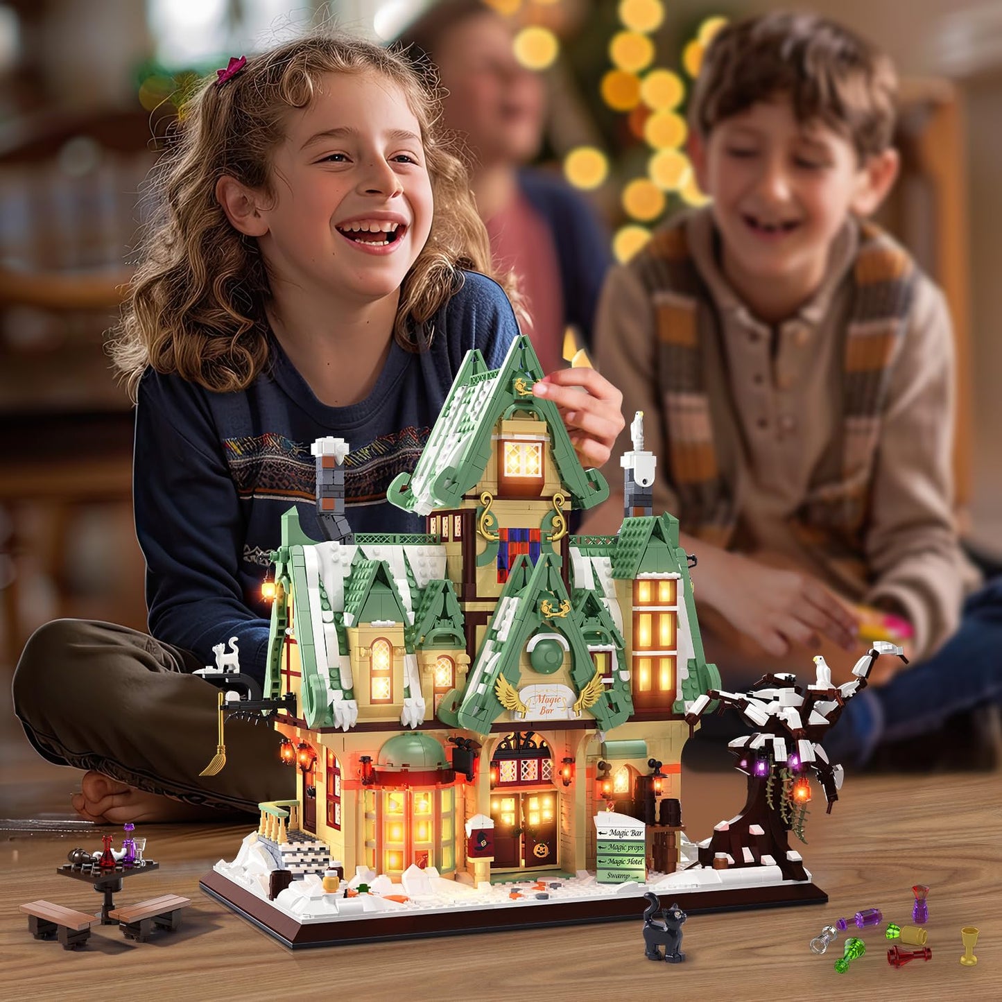 HOGOKIDS Magic Bar House Building Set with LED Light - Halloween House Architecture 3.6mm Mini Building Block Home Office Decor, Magical Birthday Gift for Adults Kids Age 10+ Boy & Girl (2479 PCS)