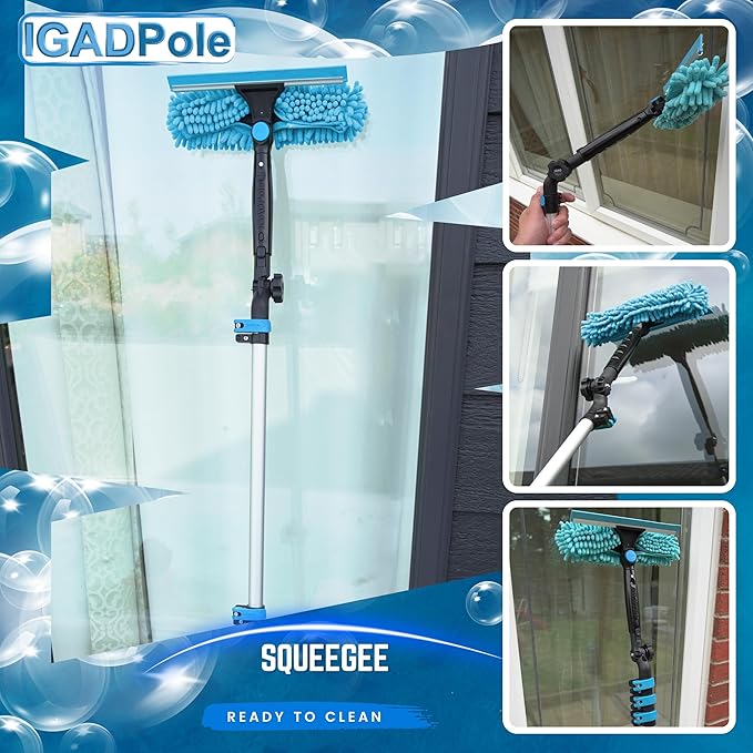 IGADPole 12 FT Water-Fed Washing Kit with Soap-Dispenser, Brush, 10″ Squeegee & Cobweb Duster for Windows, Gutters, Solar Panels & Exterior Walls