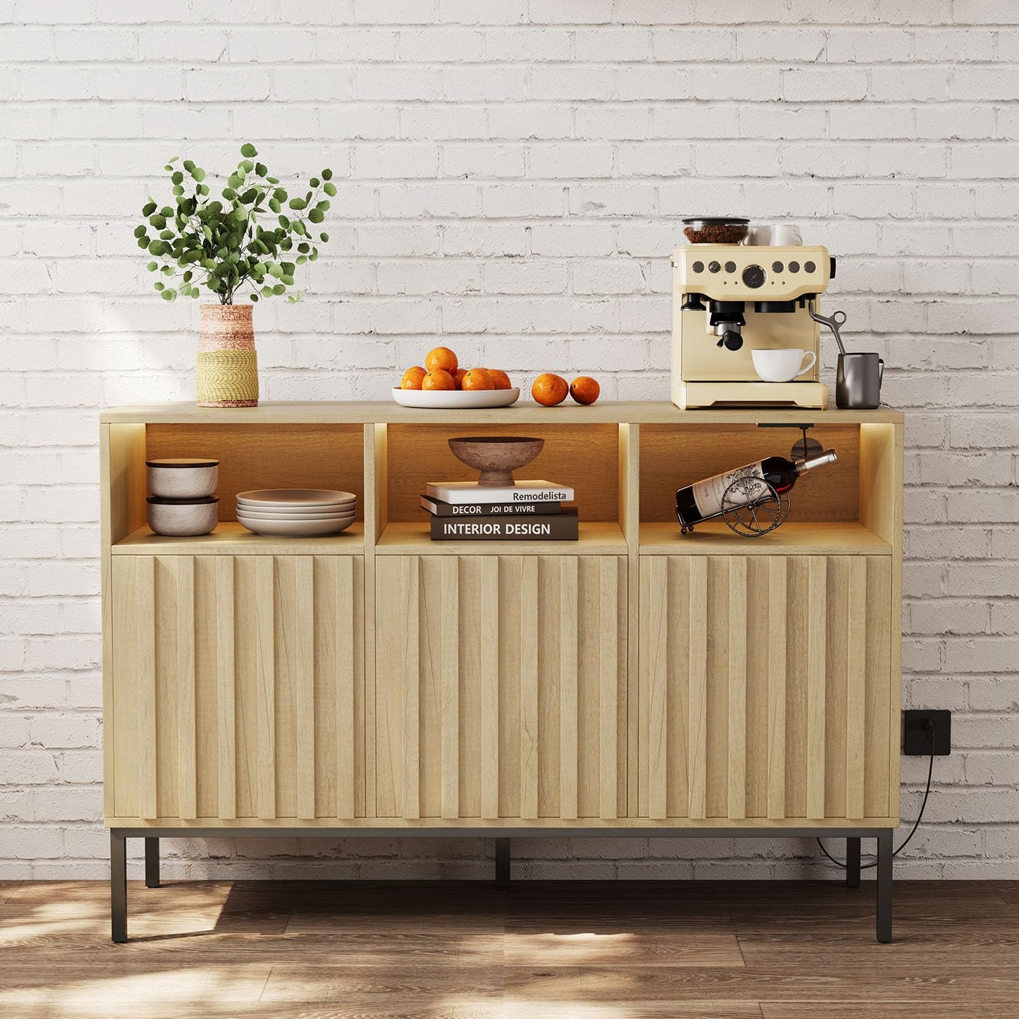 Svimi Oak Multifunctional Storage Cabinet with Charging Station, LED Light, 15"D x 47.2"W x 31.4"H, Beige, Ideal for Kitchen, Entryway, Office