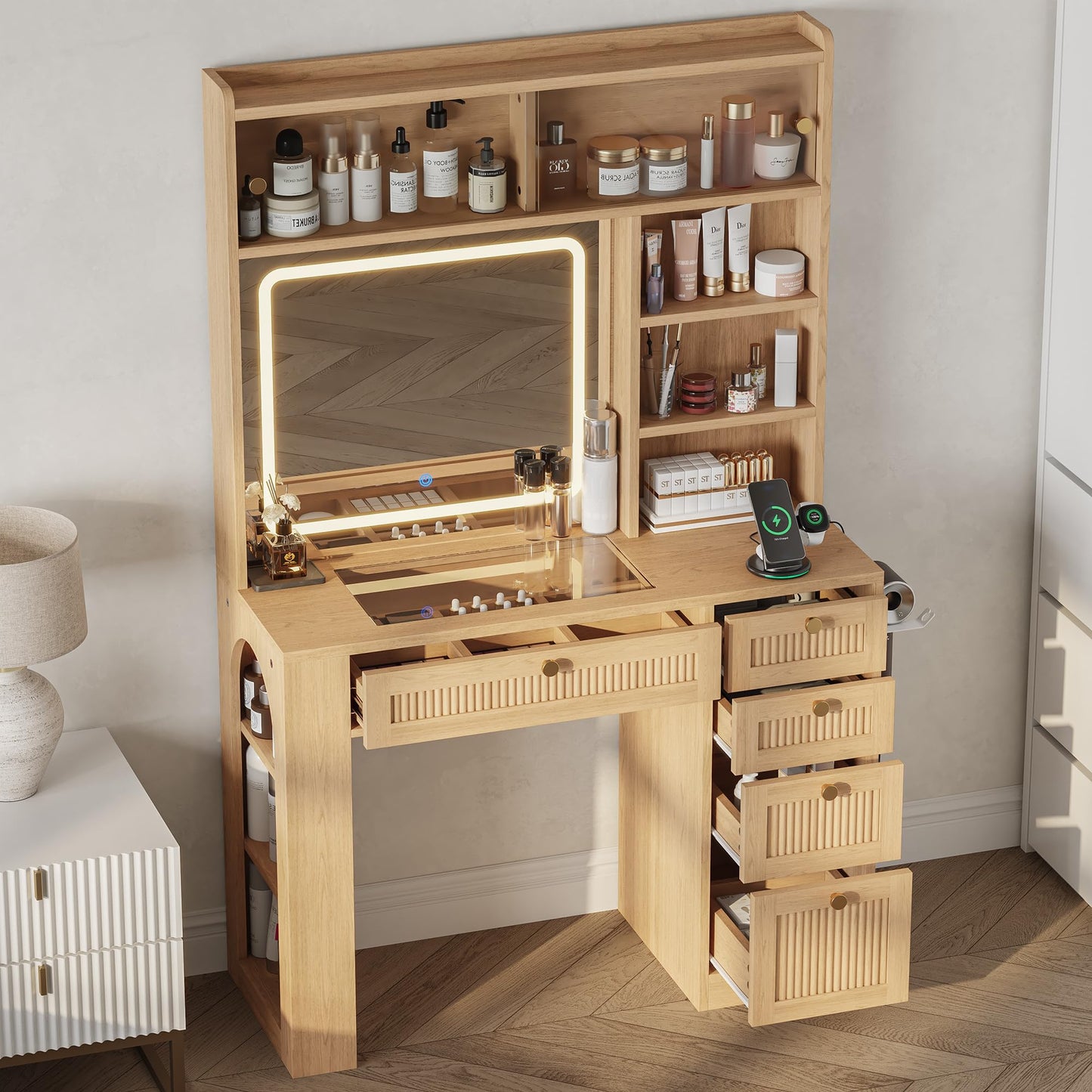 IRONCK Vanity Desk with LED Lighted Mirror, 3-Color Dimmable Makeup Vanity with Glass Top & Charging Station, 4 Drawers & Open Shelves, 63" H Vanity for Bedroom, White/Natural Wood