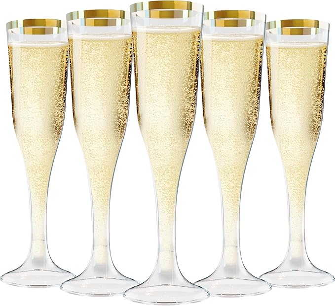 Zcaukya 100 Plastic Champagne Flutes, 4.5oz Clear Disposable Hard Stemware Cups with Golden Rim, Plastic Champagne Glasses...