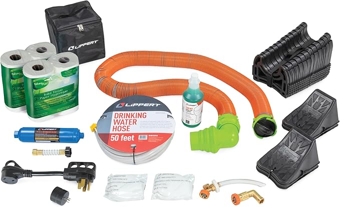 Lippert Premium RV Starter Kit with Power Adapters, Regulator, Filter, Tank Filler, Water Hose, Sewer Hose Kit, Hose Suppo...