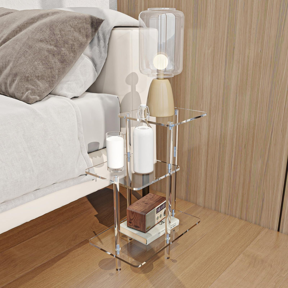 DigDozer 3 Tiers Acrylic Side Table, Square Step End Table, Clear Acrylic Nightstand for Living Room, Bedroom, Hallway (17" L x 10" W x 23.6" H, Square)