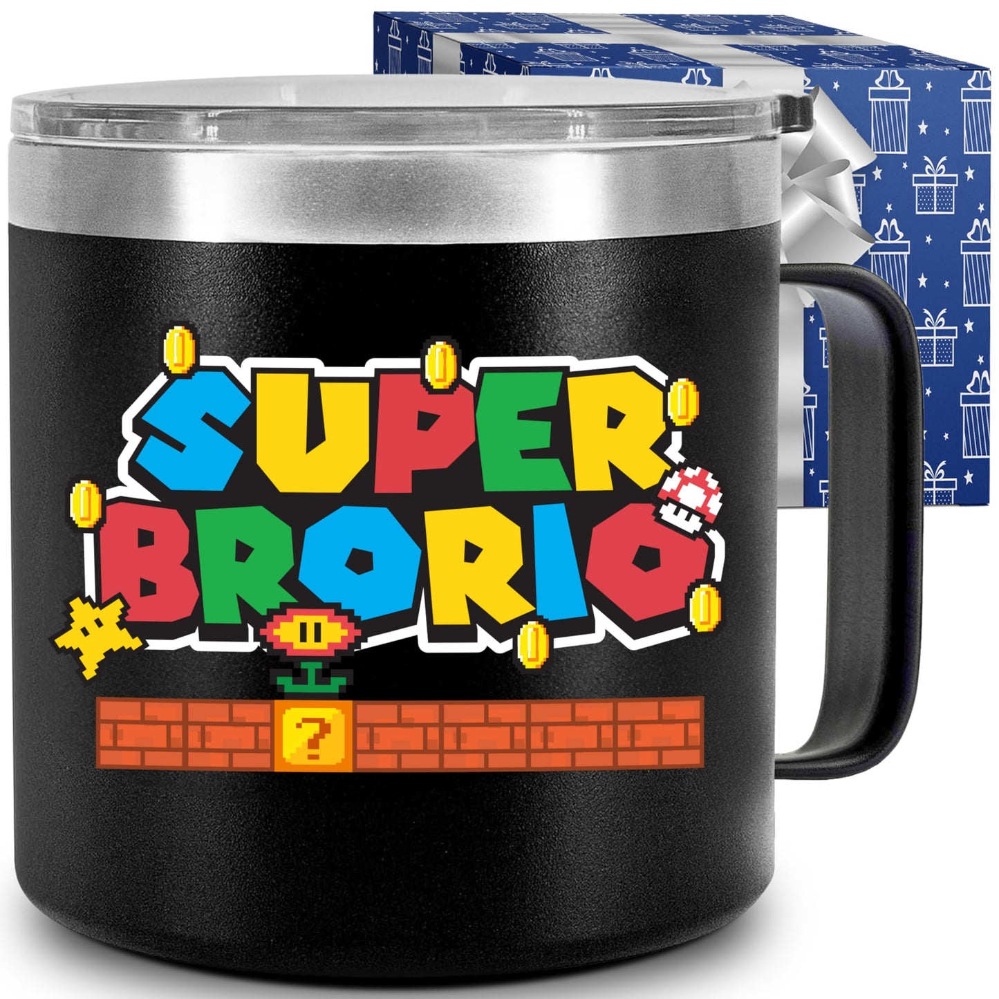 CHUSUKASU Gifts for Brother from Sister, Funny Birthday Present, Big Brother Gifts for Boy, Cool Ideas for Adult Older Bros, Super Brorio Mug Tumbler 14Oz - Insulated Coffee Cup with Lid and Gift Box