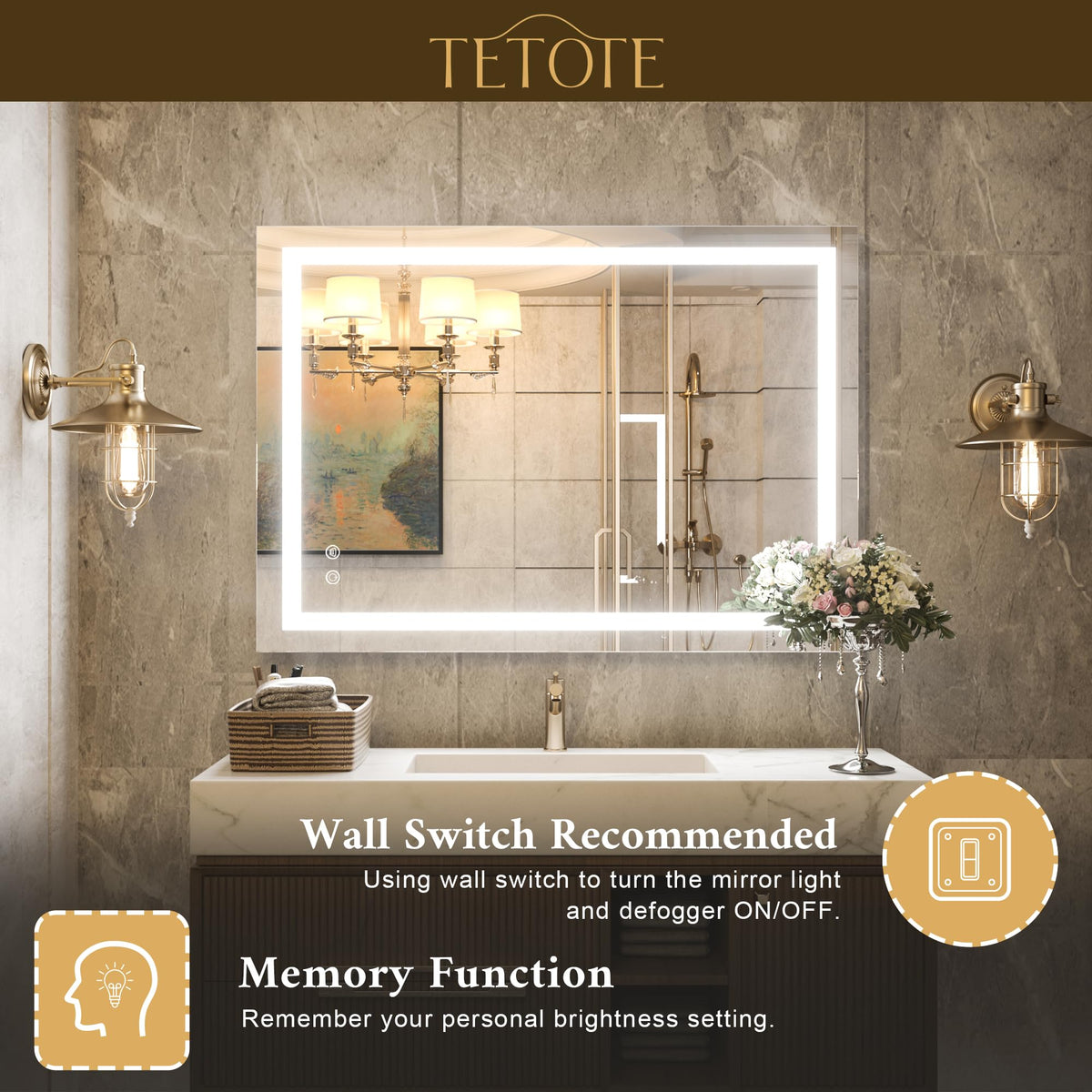 TETOTE 24 x 36 LED Bathroom Mirror LED Mirror Bathroom Decor Vanity Makeup Mirror Dimmable Anti-Fog Wall Mounted Bathroom Mirror with Lights, Tempered Glass